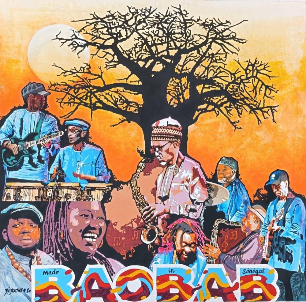 Made In Sénégal album cover: a painting of the nine musicians of Orchestra Baobab beneath a baobab tree at sunset.